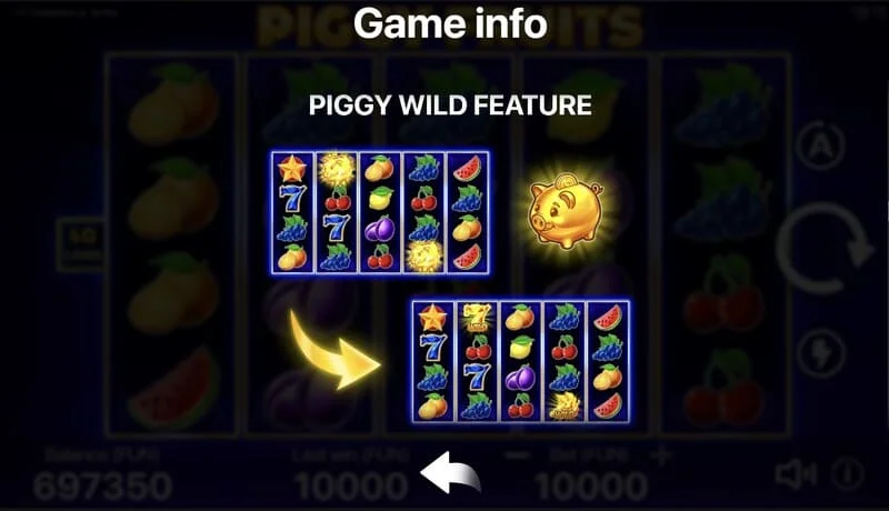Piggy Fruits – žaidimo ekranas su 5x4 tinkleliu ir vaisių simboliais